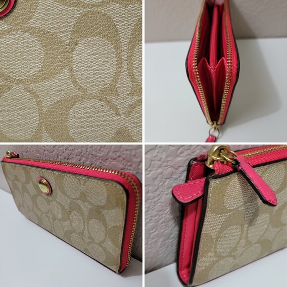 COACH Signature Canvas Wristlet Khaki Pink Zip Wallet Gold Hardware - Picture 6 of 10
